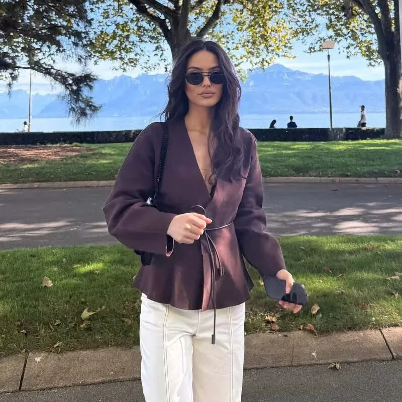 

YENKYE 2025 Women With Belt Elegant Knitted Cardigan Cross V Neck Long Sleeve Commute Autumn Outerwear