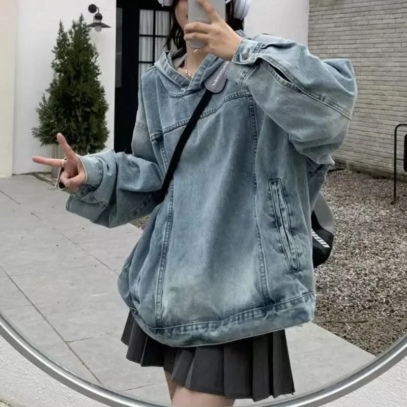 

Autumn Winter Korean Harajuku Vintage Denim Hooded Sweatshirts Women Y2k Streetwear Trend Hip Hop Loose Hoodies Hoody Pullovers