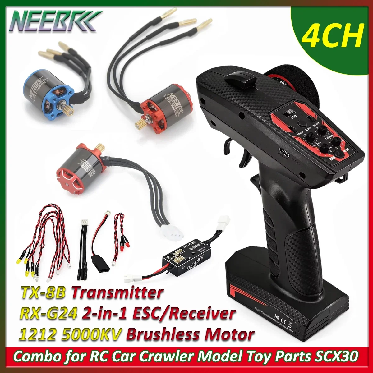 NEEBRC 1212 5000KV Brushless Motor 2‑in‑1 ESC Receiver LED Light 4CH Transmitter Combo for RC Car Crawler Model Toy Parts SCX30