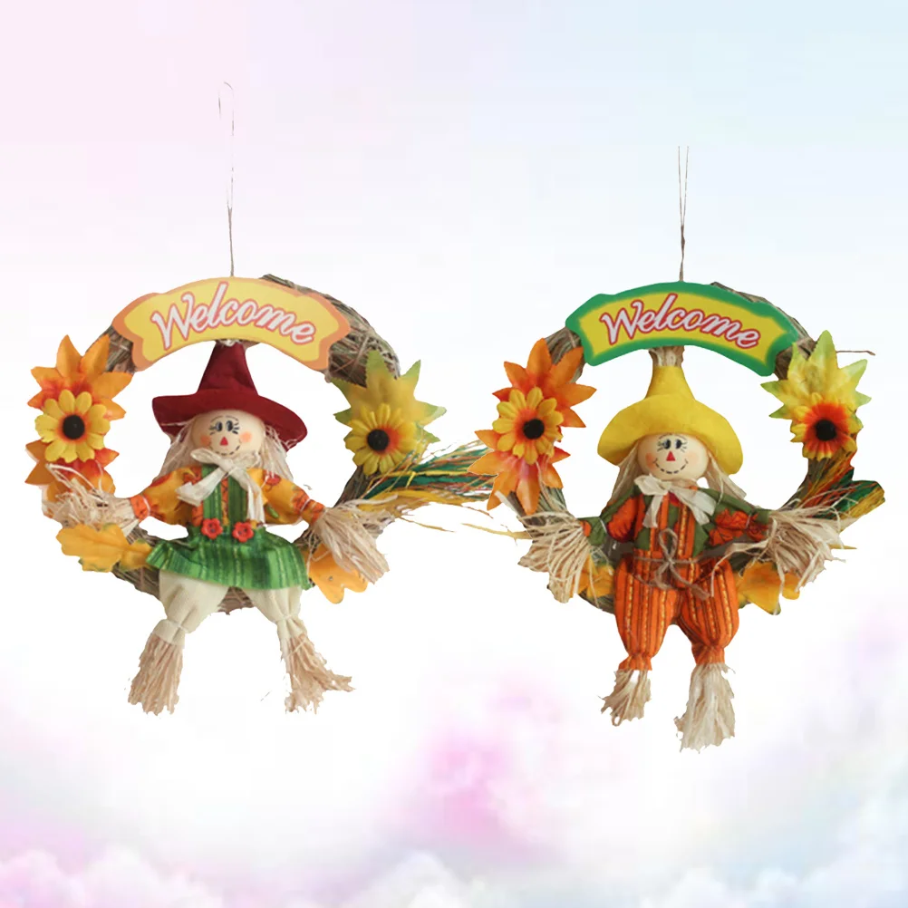 

2Pcs Small Scarecrow Garland Hanging Decoration Halloween Thanksgiving Party Autumn Harvest Decor Scarecrow Wreath