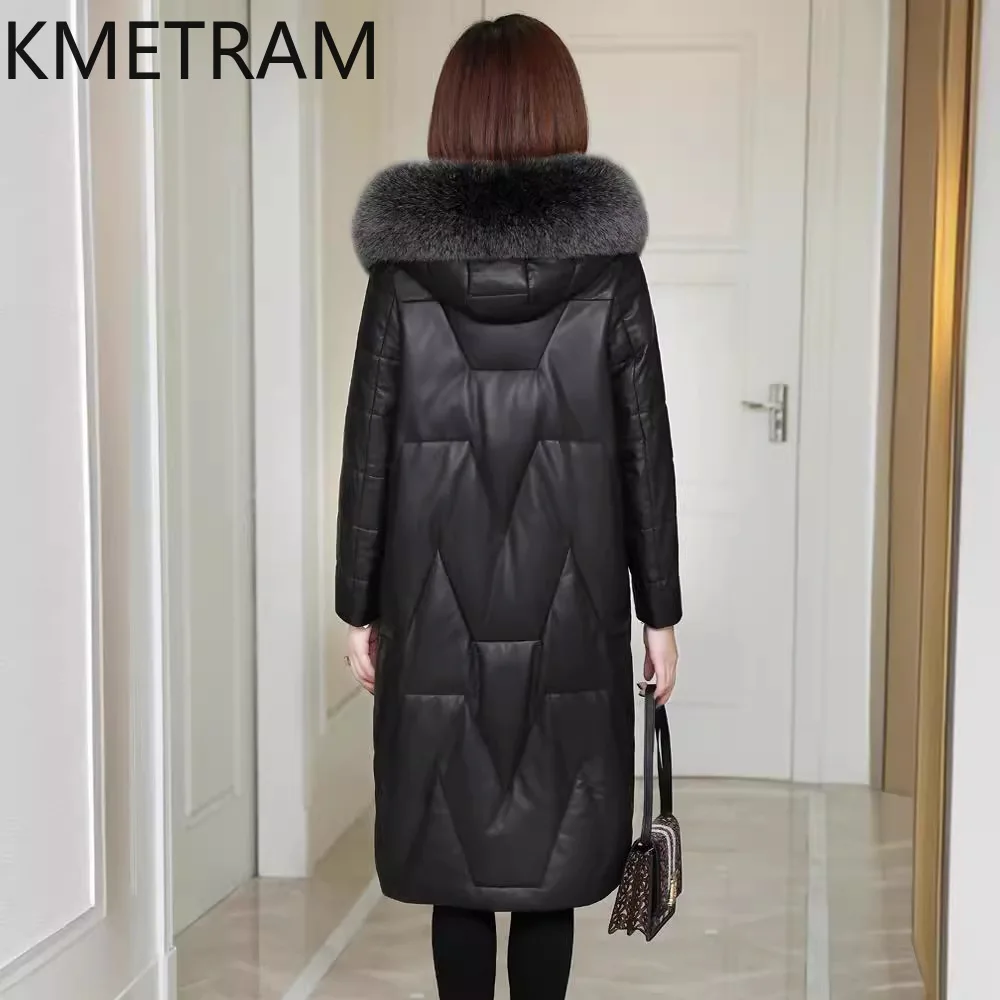 100 % Schaffell Pufferjacke Damen Hochwertiges echtes Leder Lange Daunenmäntel mit Kapuze Fuchspelzkragen Winterkleidung 2025