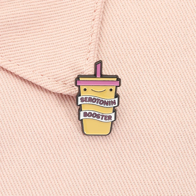Serotonin Booster Enamel Pin Happy Drink Brooch Mood Healing Joy Supply Lapel Badge Jewelry Accessories Gift for Friends