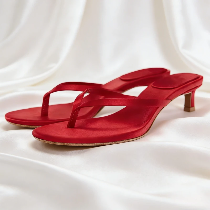 

Sexy Red Flip-flops Slippers for Women Fashion Round Toe Satin Kitten-heel Sandals 2026 Summer Comfortable Beach Designer Shoes