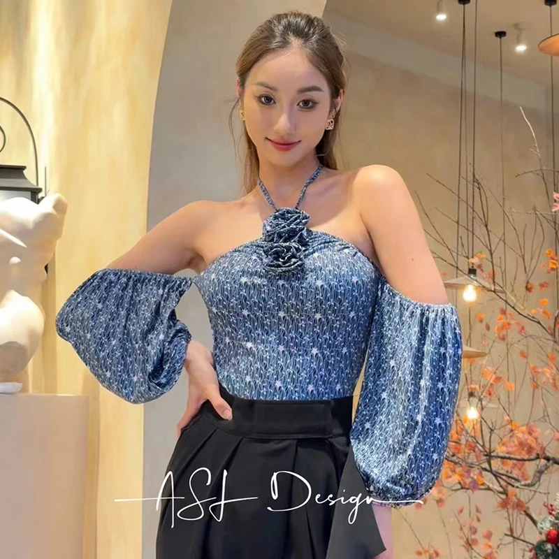 New Off Shoulder Ballroom Dance Tops Women Performance Wear Rumba Latin Dance Costume Blue Bishop Sleeves Bodysuit Adult BL13348