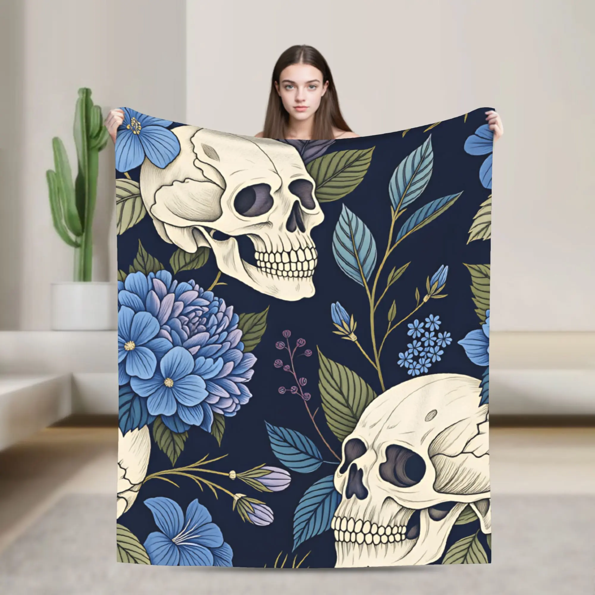Skull Blue Hydrangea Floral Seamless Pattern Throw Blanket Soft Cozy Pattern Blanket  For Bedroom Flannel Bedspread Bed Cover