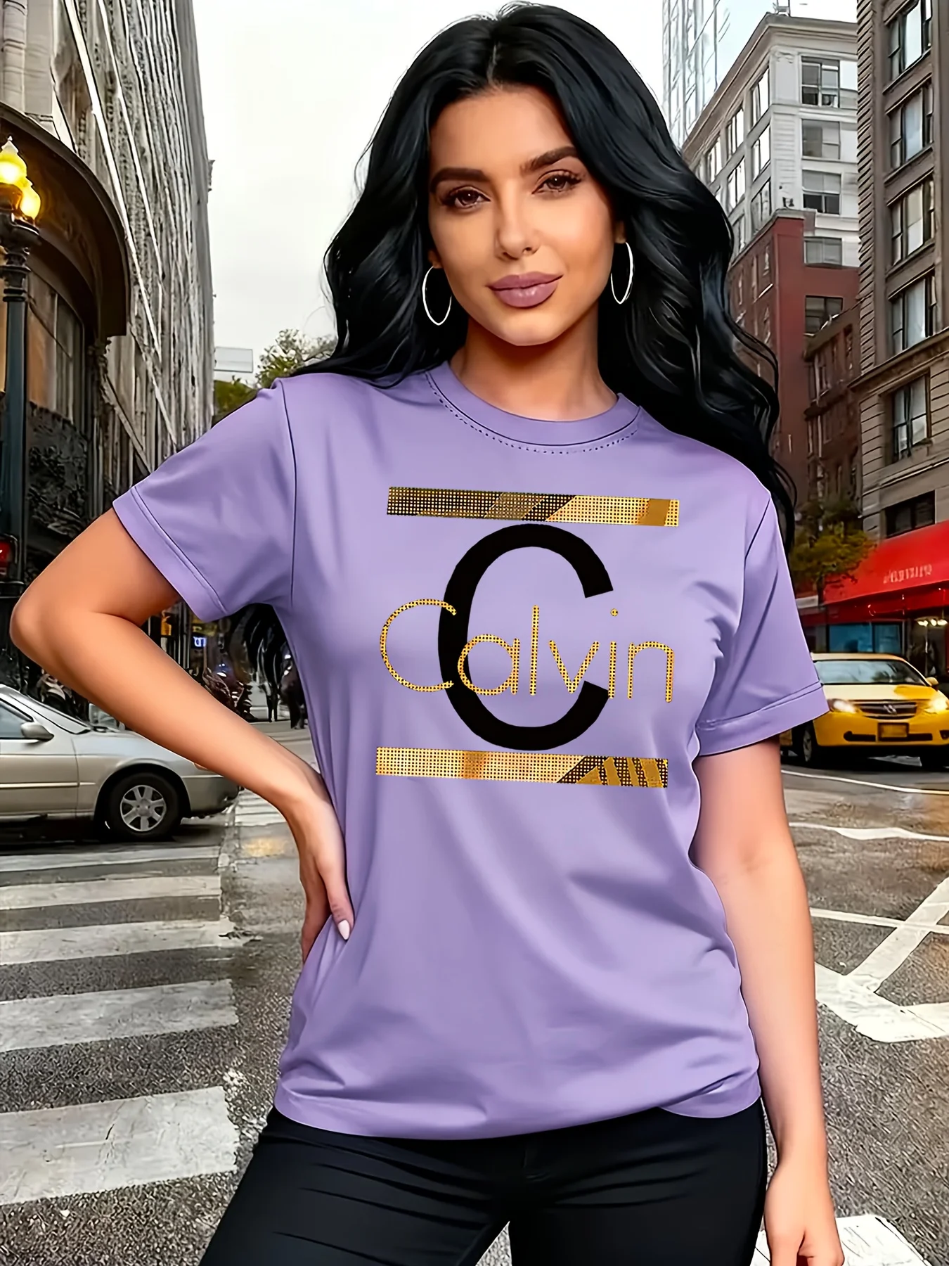 Calvin Letter Print Women's Tee - Gold Graphic Green Casual Top image 6