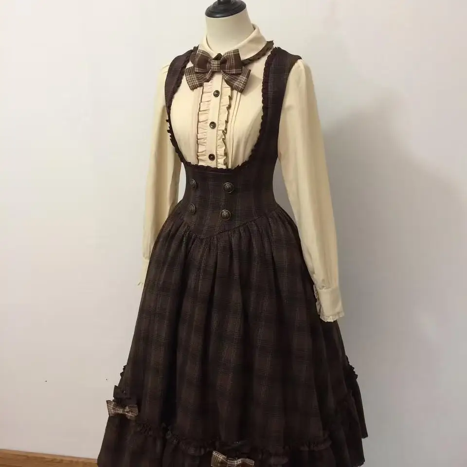 Japanese Retro Lolita 2-Piece Set Women Slim Fit Bow Shirt + Plaid High Waist Dress Fashion Kawaii Elegant Party Chic Outfits image 5