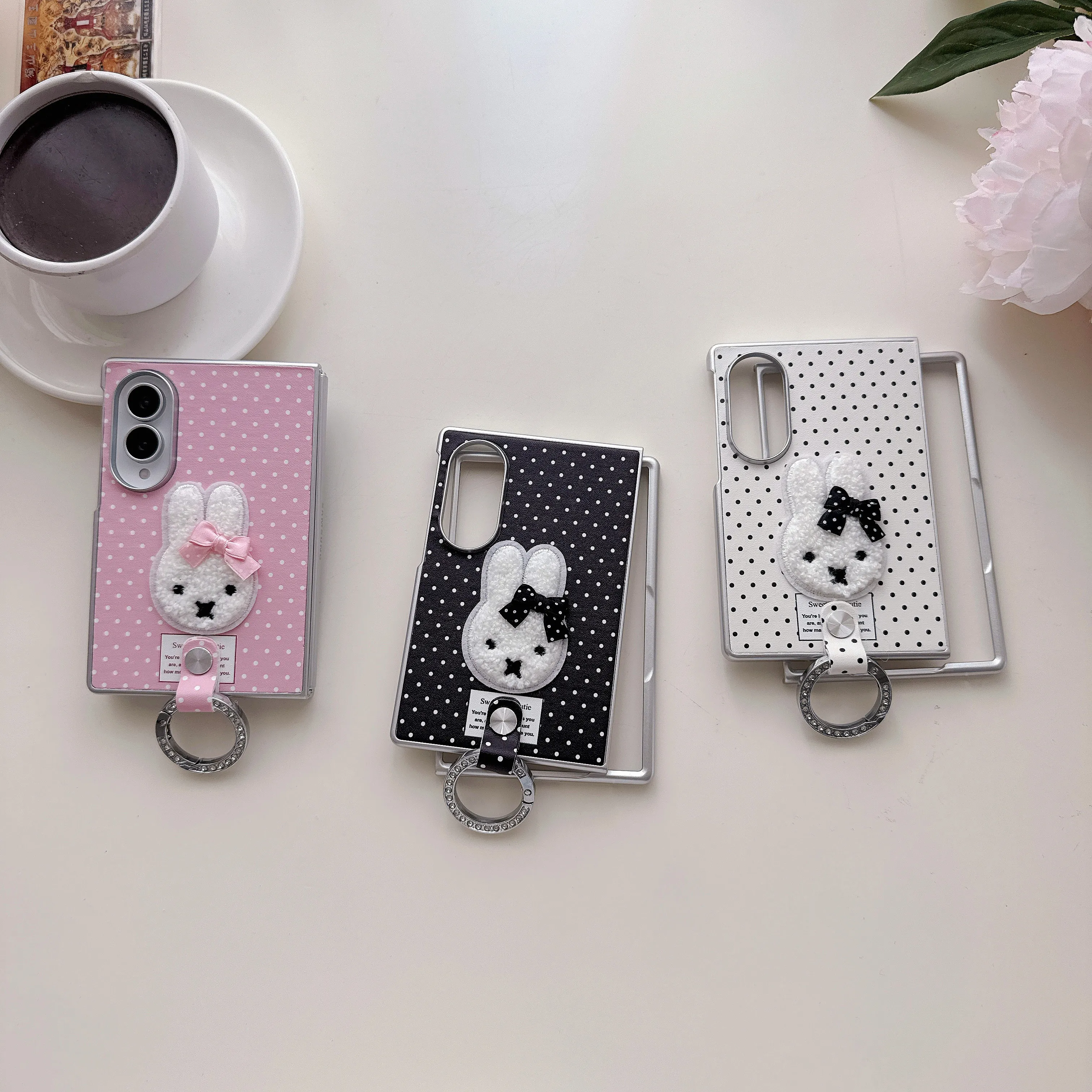 Fashion Plush Bunny Polka Dot Pattern Hard Phone Cover For Samsung Galaxy Z Fold 8 7 6 5 4 Z Fold 8 Ultra With Metal Ring Holder