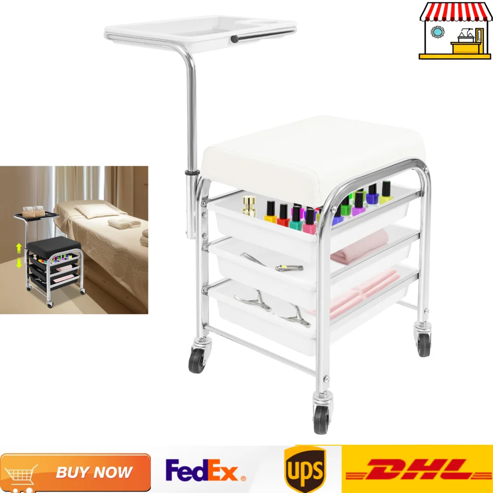 

Manicure Cart on Wheels White/Black Salon Trolley with Adjustable Tool Tray 100kg Load