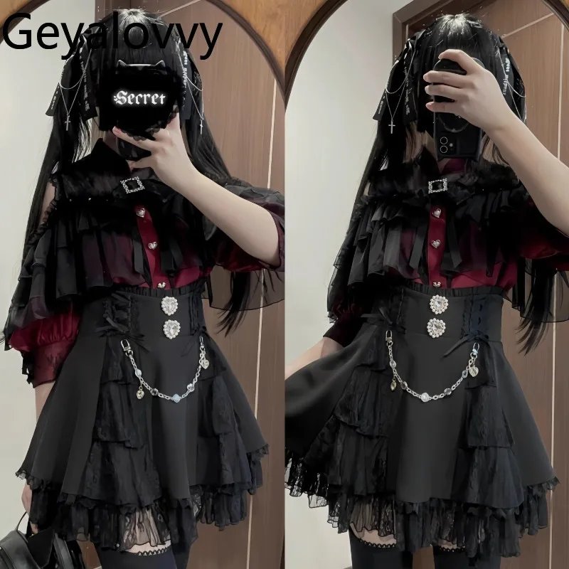 Letnia, codzienna krótka spódniczka z wysokim stanem, słodka, z koronkowym wykończeniem z dżetów, mini spódniczka w kształcie litery A dla kobiet, styl japoński Lolita.