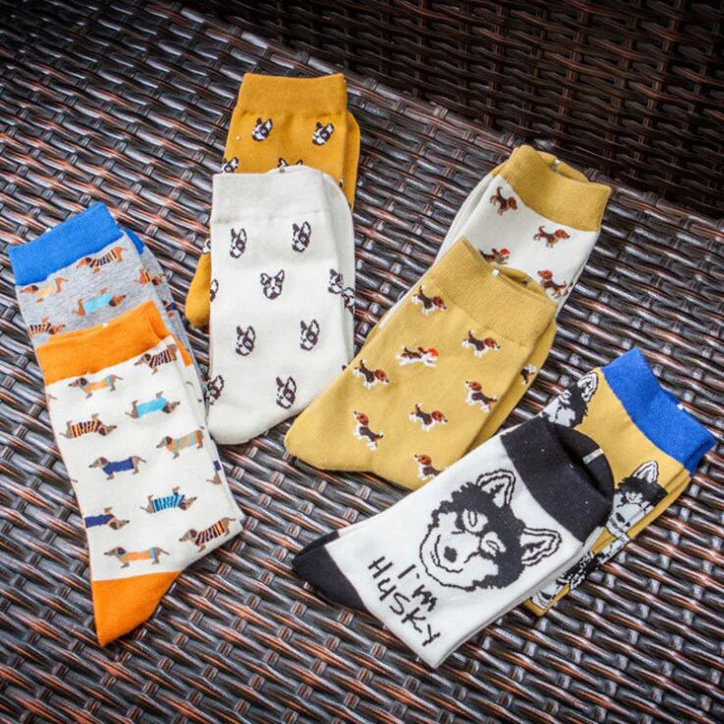 Cute Women Animal Dog Pug Cotton Crew Socks Beagle Dachshund Bulldog Fox Harajuku Funny Puppy Pet Lover Art  White Yellow Kawaii