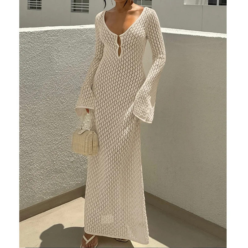 

Women's Solid Deep V Neck Backless Hollow out Long Sleeve Knit Dress Crochet Summer Beach Bikini Cover up Swimwear