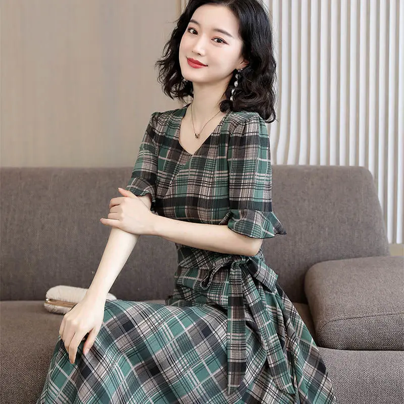 Elegant Fashion Plaid Print Shirring Dresses Summer 2023 New Short Butterfly Sleeve O-Neck Slim Tunic Maxi Dress Female Clothing