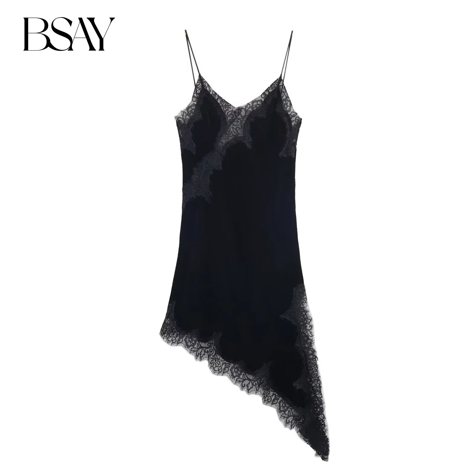 BSAY Schwarzes asymmetrisches Samtkleid Damenbekleidung 2025, neue Spitze, Spleißschlinge, Geburtstagsfeier, Weste, Kleider, französischer Abend