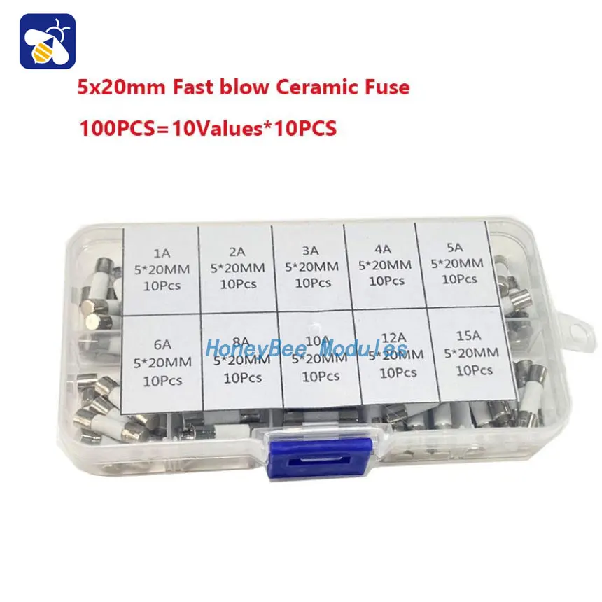 100PCS 5*20MM Ceramic Fast Blow Fuse Fuse 5x20 Various Kits 0.51A2A3A4A5A6A8A10A15A Kit