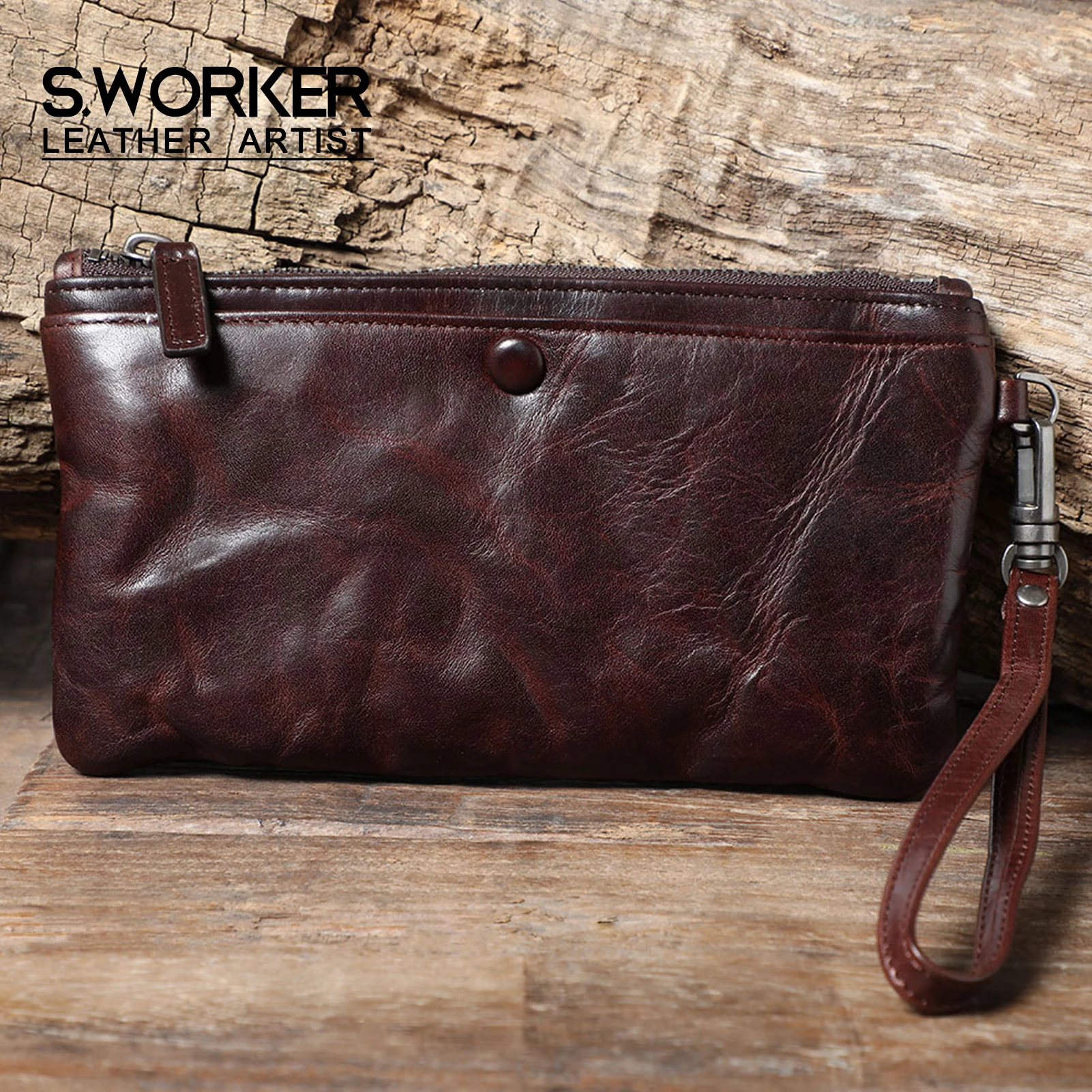 S.WORKER Klassische Geldbörse aus Vollnarbenleder für Herren, Echtleder-Clutch mit großer Kapazität und Kartenhalter. – Detail 2