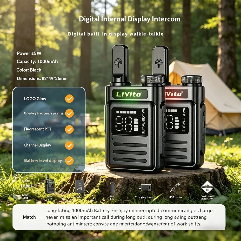 Motolola Mini Walkie Talkie Transparent, Built-in Antenna LED Display USB Charging PTT Long Range for Hotel Camping Security
