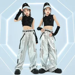 Girls Jazz Dance Costumes Kids Hip Hop Clothing Kpop Outfit Stage Street Dance Clothes Black T Shirt Silver Pants