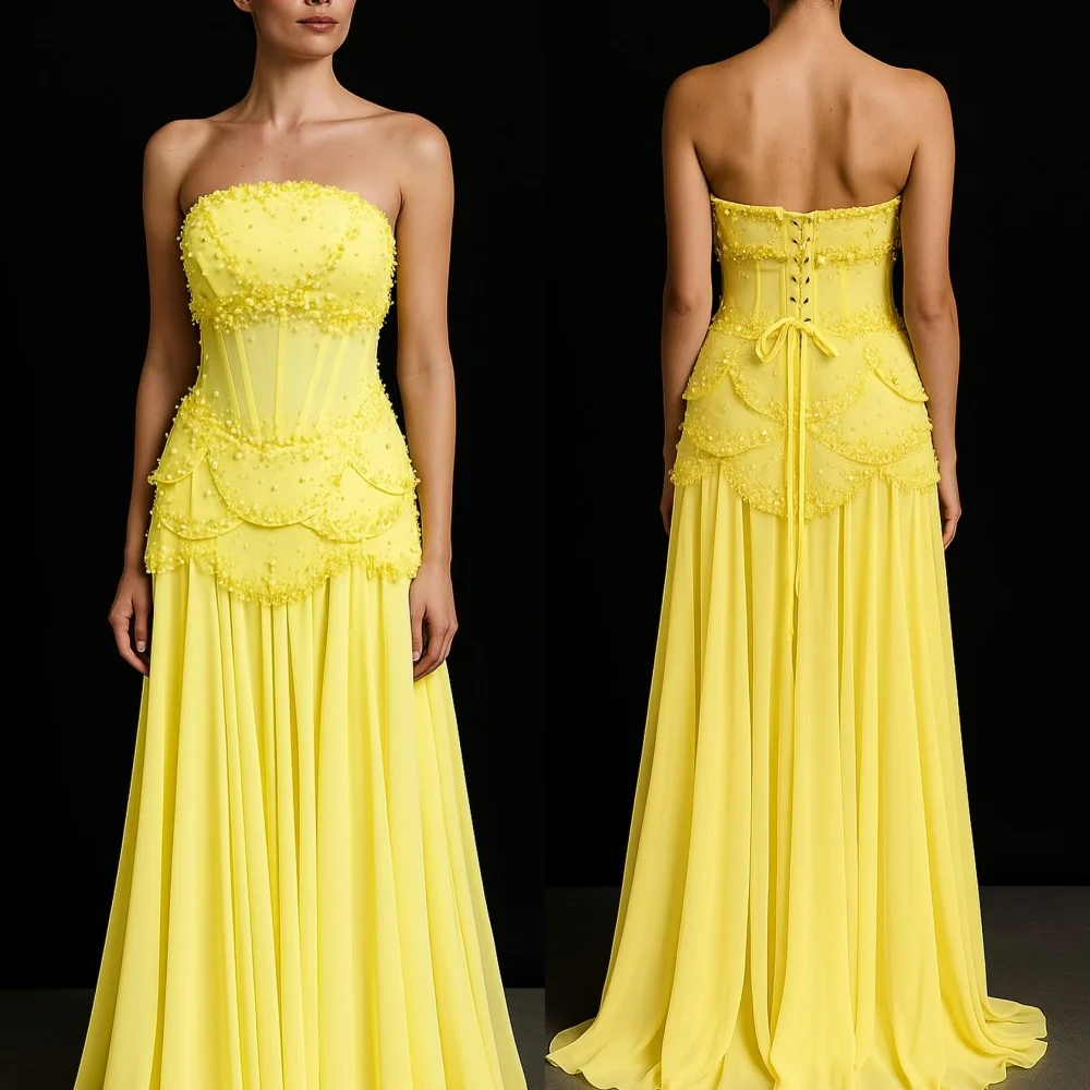 

Customized Chiffon Beading Glitter Strapless Lace-up A-line Floor-length Bespoke Occasion Women Luxury Evening Elegant Party