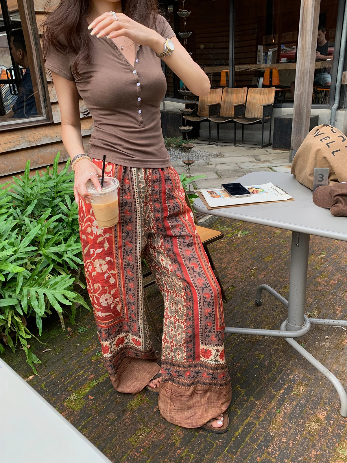 

NanaByNana Summer Gallery Heavy Print Casual Pants Women's Spring Hemp Loose Straight Wide Leg Pants Commute Style Long Trousers