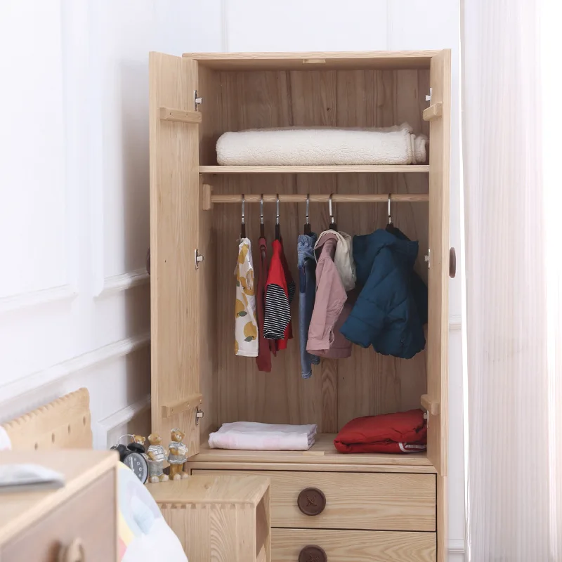 Ash wood children's wardrobe black walnut buttons simple solid wood storage cabinet biscuit bed