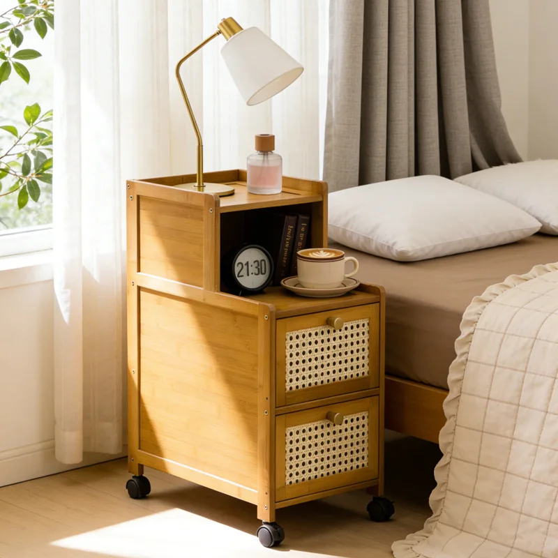 #Bamboo bedroom bedside table, movable living room coffee table, sofa side table, narrow bookshelf