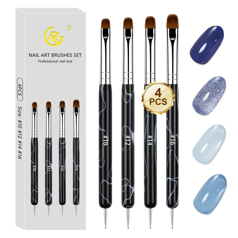 4PCS Dual Ended UV Gel Nail Brushes Set Two Way Poly Gel Builder Brush with Dotting Tool for Nail Extension Manicure DIY