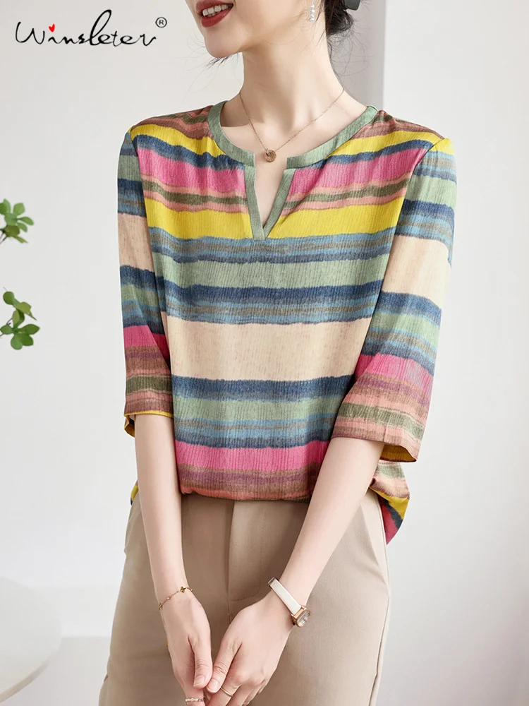 

Winsleter, 90%Natural Silk T-Shirt, Woman Half Sleeve Striped V Neck, Casual OL Fashion Top, 2024 Summer Autumn Tees T47131QM