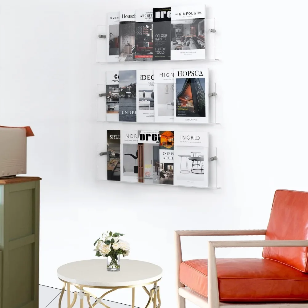 حامل كتيب مثبت على الحائط من الأكريليك الشفاف مكون من 3 طبقات، رف مجلات لعرض غرفة المعيشة المكتبية #6