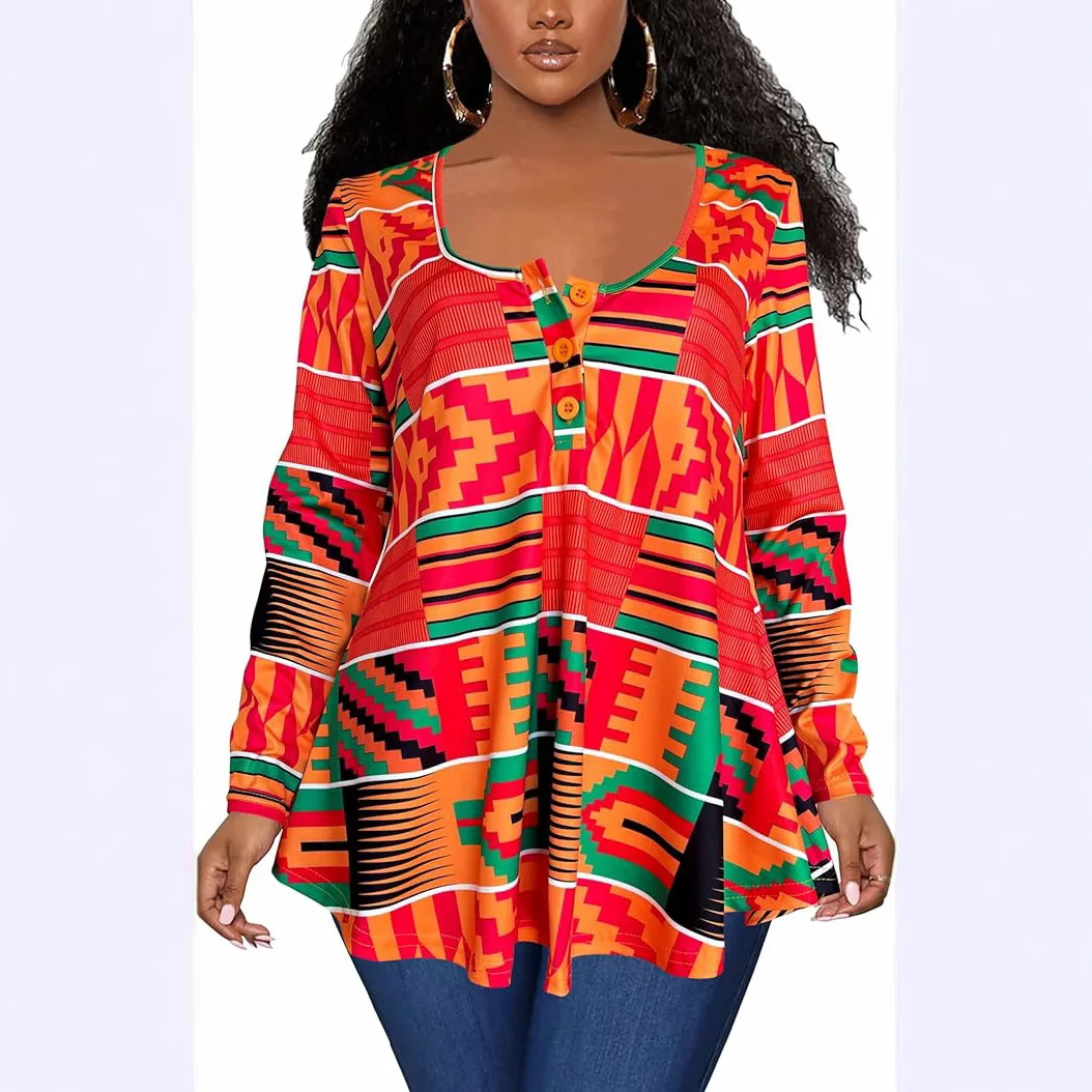 vintage shirt women clothing Africa long sleeve t-shirt button loose tops crew neck blouse elegant colorful