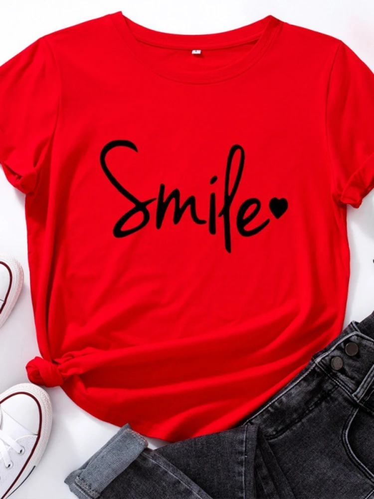 Simple Style Smile Letter Print T Shirt Women Short Sleeve O Neck Loose Tshirt Ladies Tee Shirt Tops Clothes Camisetas Mujer