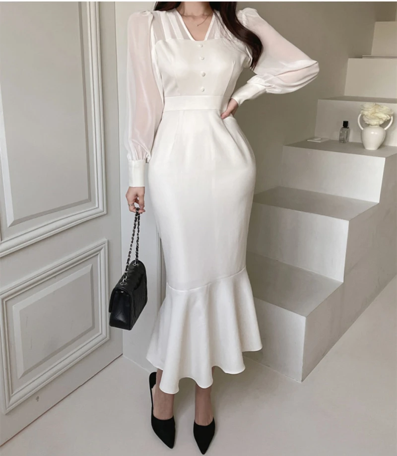 2023 Korean Office Lady Dress Black Mesh Bubble Sleeve Slim Mermaid Dress OL Temperament Dress Elegant White Gentle Long Dress