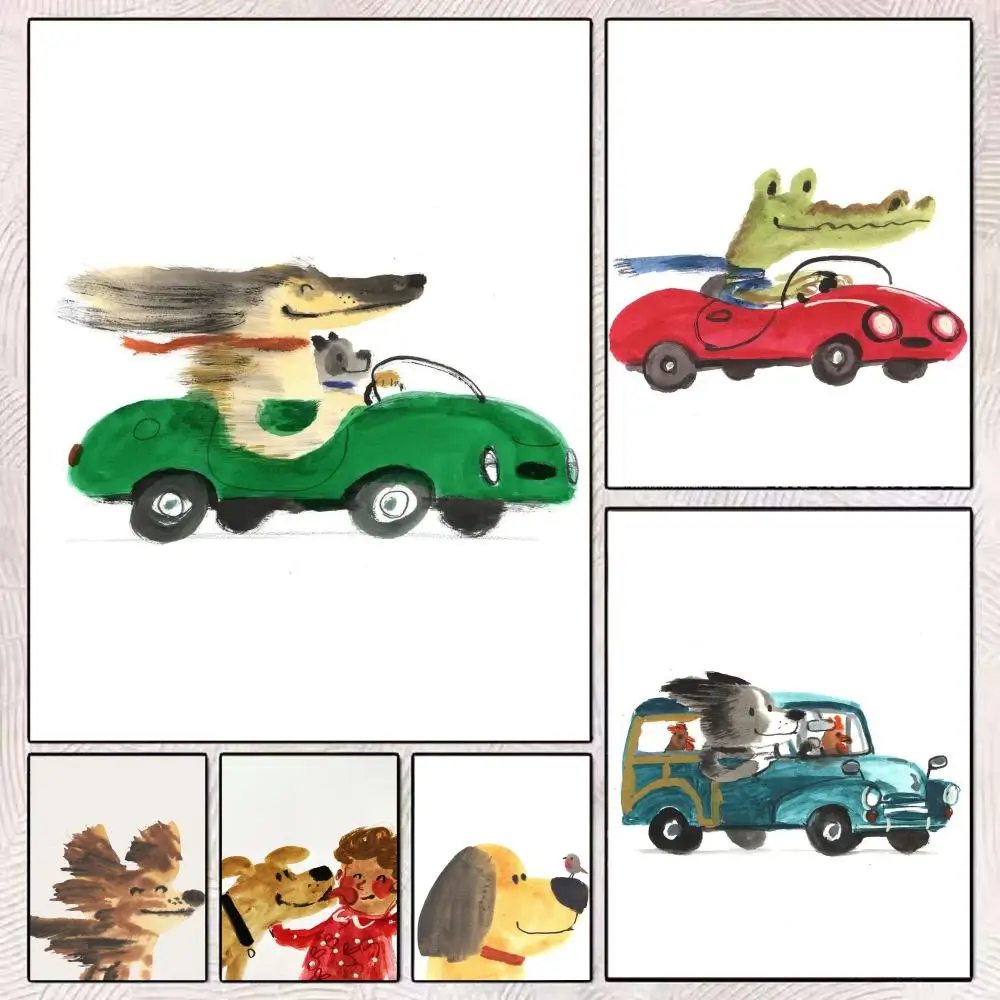 

Cute Animals Driving Quirky Poster HD Art Mural Wallart Poster Waterproof Vintage Print Decor for Home Decoration DIY Durable