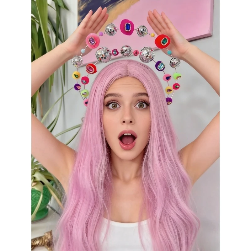 Disco Ball & Rainbow Pom Pom Headband – Mirror Glitter Gold Halo Crown with Diamond Jewels for Festival, Rave & Party Headdress.