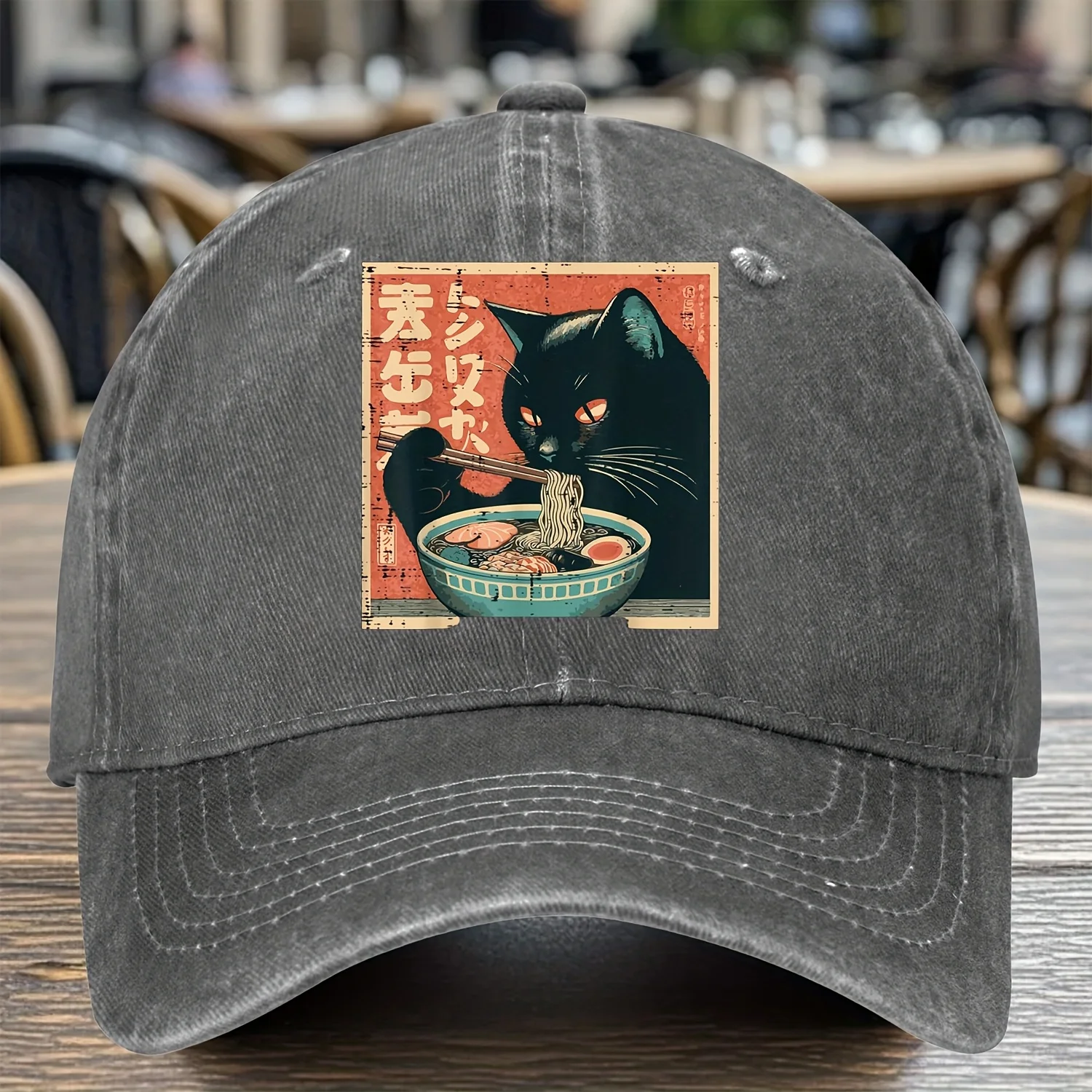 Black Cat Eating Ramen Baseball Denim Cap Japanese Ukiyo E Style Graphic Cotton Casual Hat Unisex