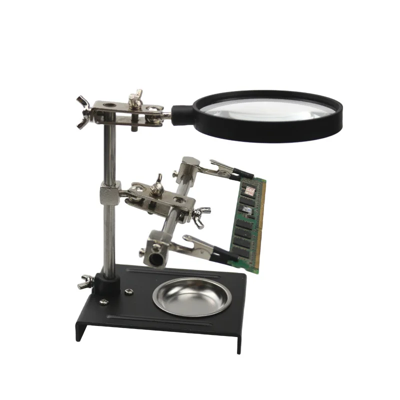 Iron Frame Bracket Maintenance Circuit Board Magnifying Glass, 3 Hand Welded 90Mm Lens, 6X Magnification