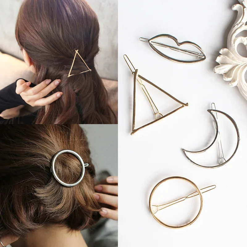 Image 3: Épingles à cheveux mentales géométriques pour filles, Triangle lune, épingle à cheveux, lèvre ronde étoile, Barrettes pour femmes, accessoires pour cheveux