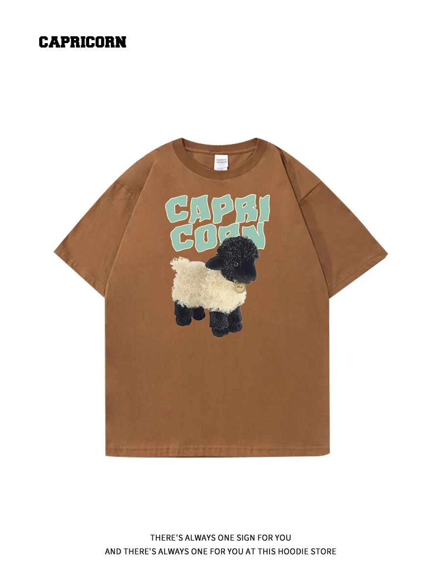Capricorn Cartoon Sheep Print Short Sleeve Women's T-shirt Pure Cotton Half Sleeve Summer Trendy Brand Casual Loose Fit