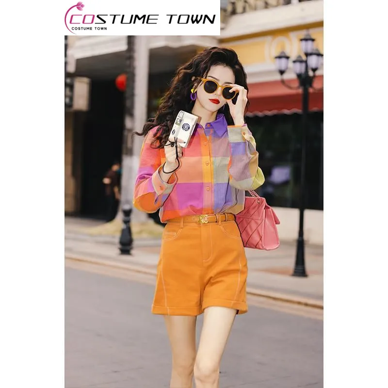 2023 Retro Hong Kong Style Shirt Women's Spring/Summer Thin Premium Shirt Set Short Pants Fashion Korean Edition Trend