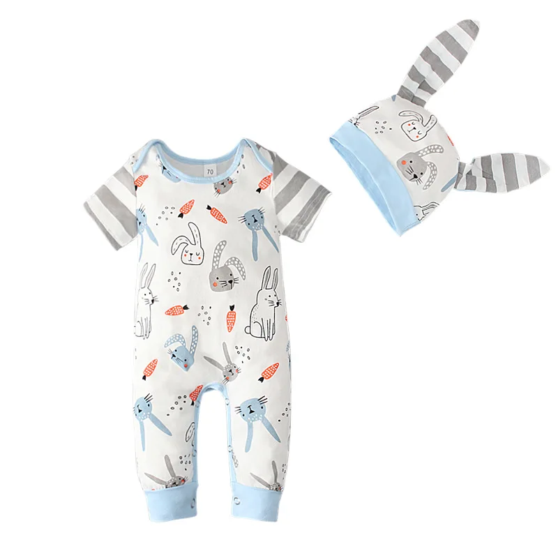 

Newborn Baby Boy Romper Cartoon Rabbit Short Sleeve Infant Jumpsuit+Hat Toddler Playsuit Cotton Tracksuit Children Clothing A624