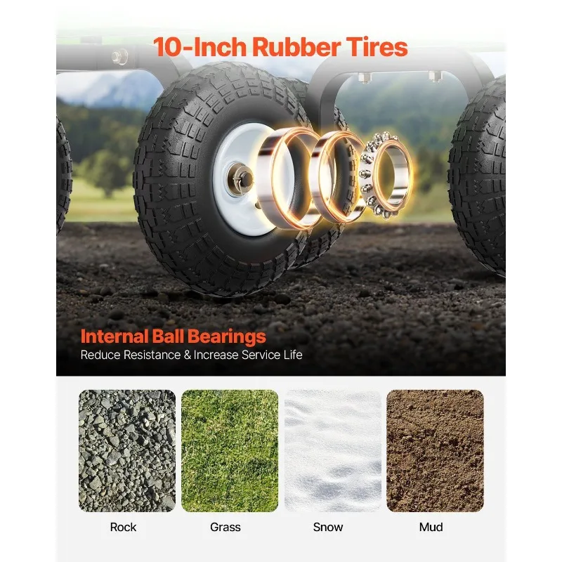 عربة حديقة فولاذية بوزن 900 رطل على عجلات، عربة حديقة قابلة للسحب شديدة التحمل، عربة أدوات معدنية خارجية مع إطارات مقاس 10 بوصات و