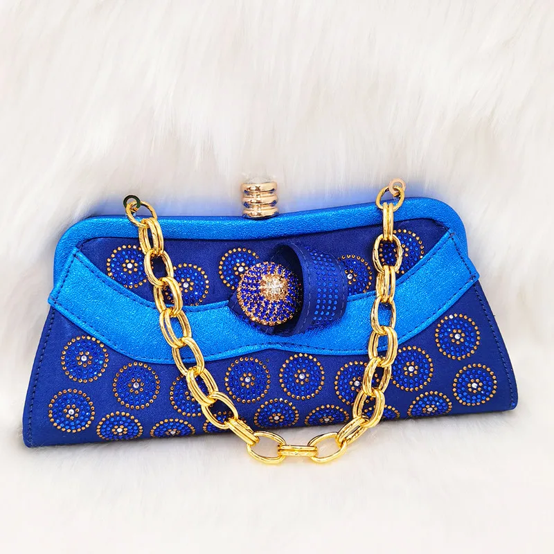 2022 Italian Design Nigerian Fashion Party Blue Color Ladies Shoes and Bag Set With Rhinestone and Metal Decoration