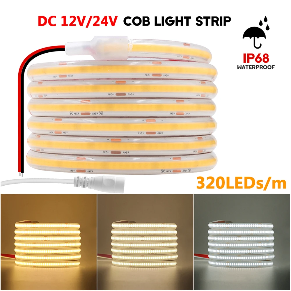 COB LED-Streifenleuchte IP68 wasserdicht 320 LEDs/m 12V 24V mit DC-Stecker 2-Pin-Kabel 3000K 4000K 6000K flexibles Band Hochdichte lineare Beleuchtung