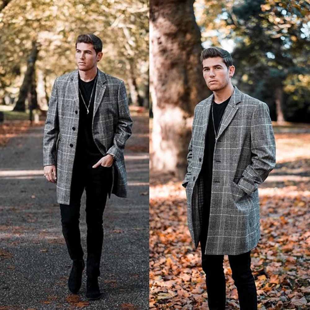 

Spring One Piece Mens Suits Grey Checkered Stripes Jacket Blazer Peaky Blinder Suit Slim Fit Vintage Business Casual Long Coat