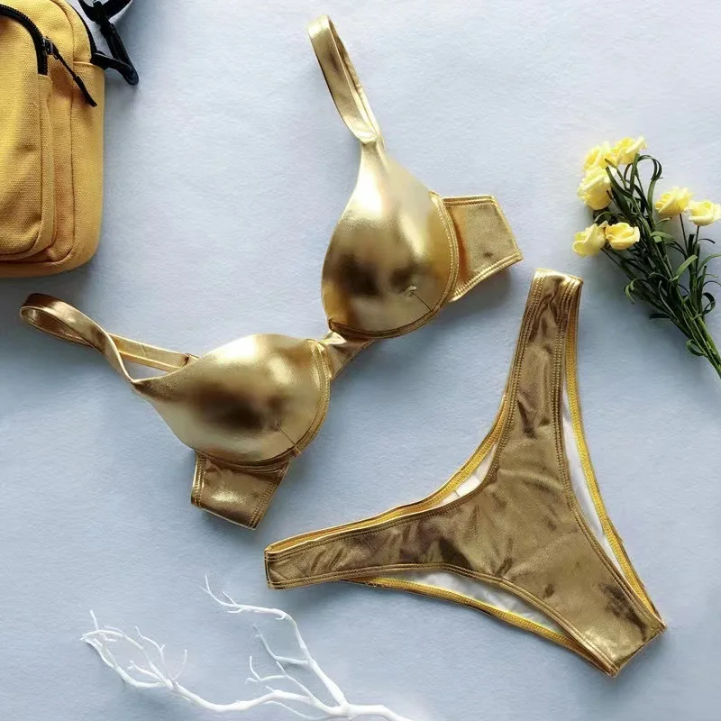 Silver Bright Leather Bikinis 2023 Push Up Bikini Set Female Swimsuit Women Swimwear Bather Bathing Suit Biquini