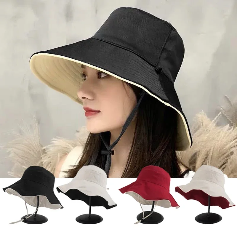 Double-sided Foldable Bucket Hat Women Girls Outdoor Beach Sun Visor Anti-UV Wide Brim Cap