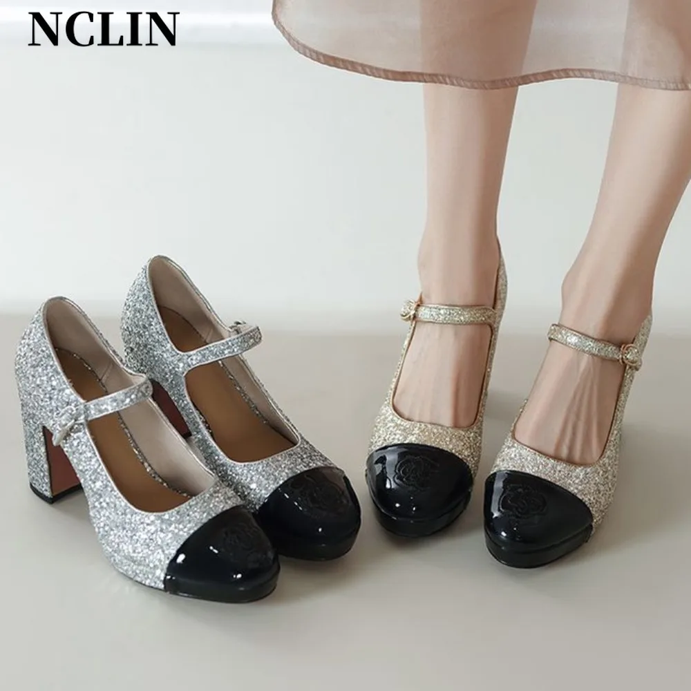 

French Golden Silver Wedding Shoes for Women 2025 Spring/Summer/Autumn New Round Thick Heels Not Tiring Feet Bride Shoes