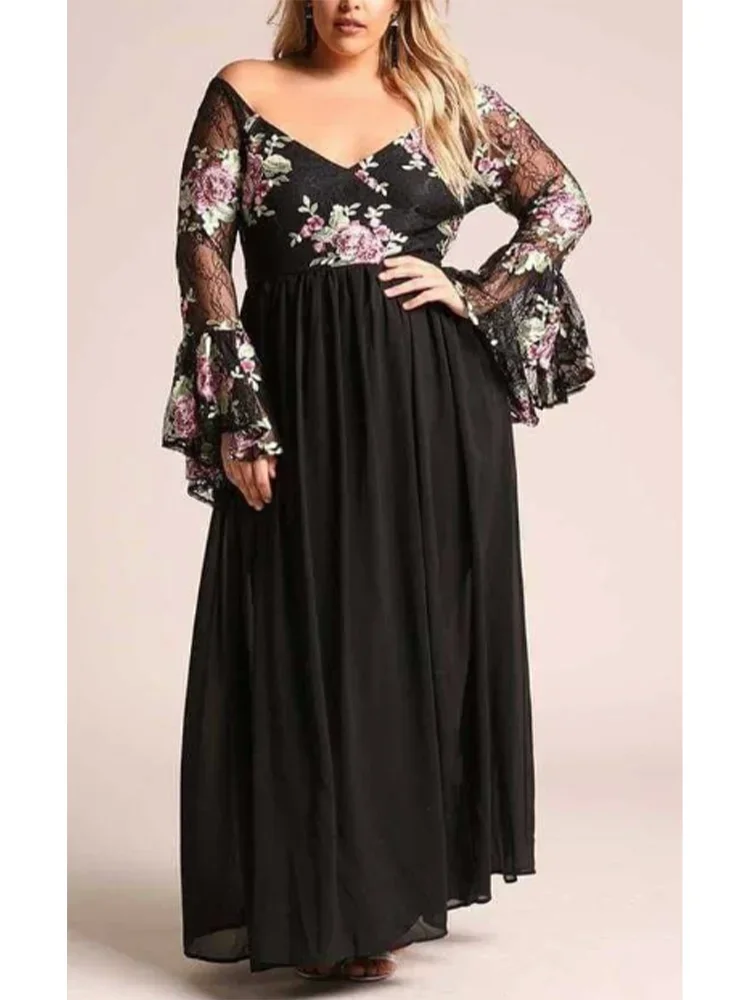 

Sexy Plus Size Women's Party Dresses Fashion Style Lace Print Long Sleeve Maix Dress Spring Autumn Large Elegant Evening Dresses