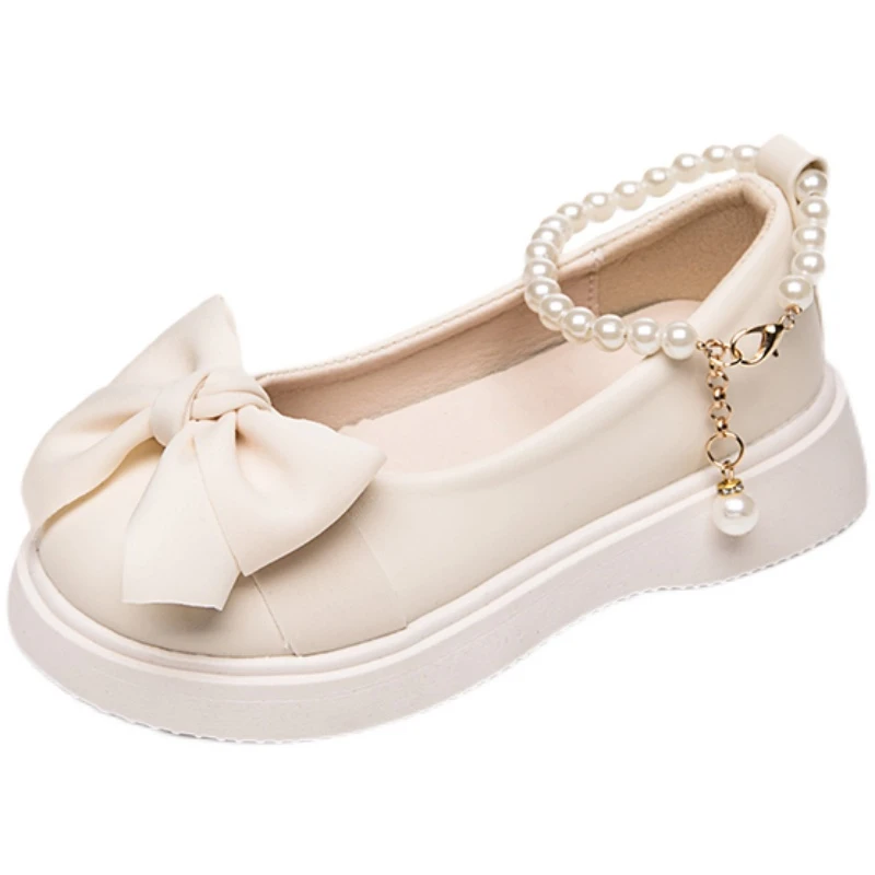 Girls Leather Shoes for Wedding Party Kids Flats Pearls Ankle Strap Shoes Children Sweet Princess School Shoes 2024 Autumn Brand