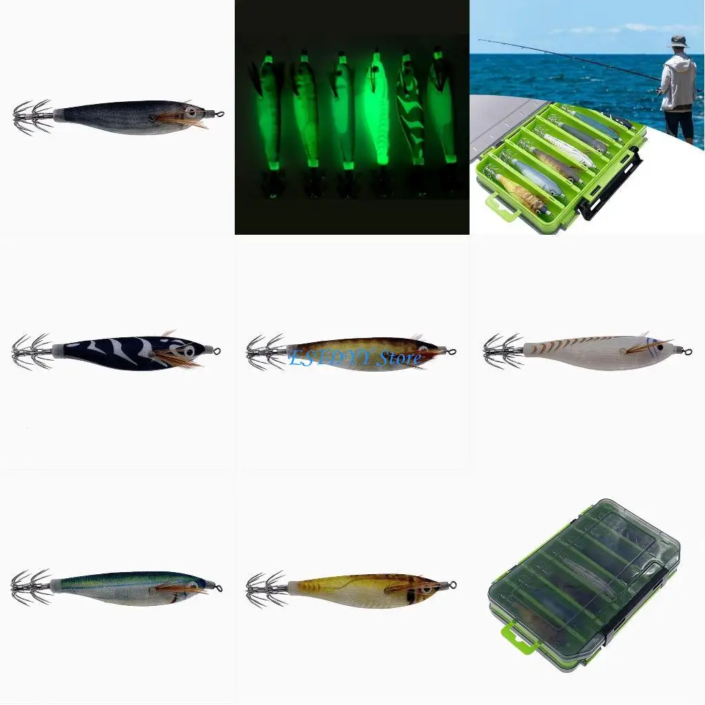 

G6DE 14Pcs Cuttlefish Hook Fishing Lures Shrimp Lures Baits 9g Glow Jig Hook